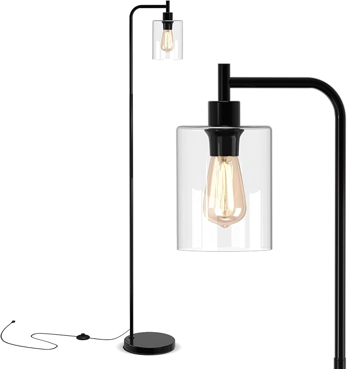 Tangkula Industrial Floor Lamp, Modern Standing Lamp with Hanging Glass Lampshade & Foot Switch, Tall Pole Light with E26 Standard Base for Living Room, Bedroom & Office (Black, 1-Light)