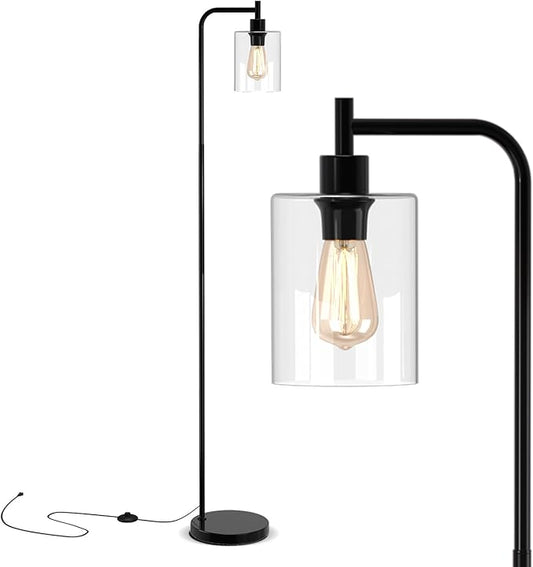 Tangkula Industrial Floor Lamp, Modern Standing Lamp with Hanging Glass Lampshade & Foot Switch, Tall Pole Light with E26 Standard Base for Living Room, Bedroom & Office (Black, 1-Light)