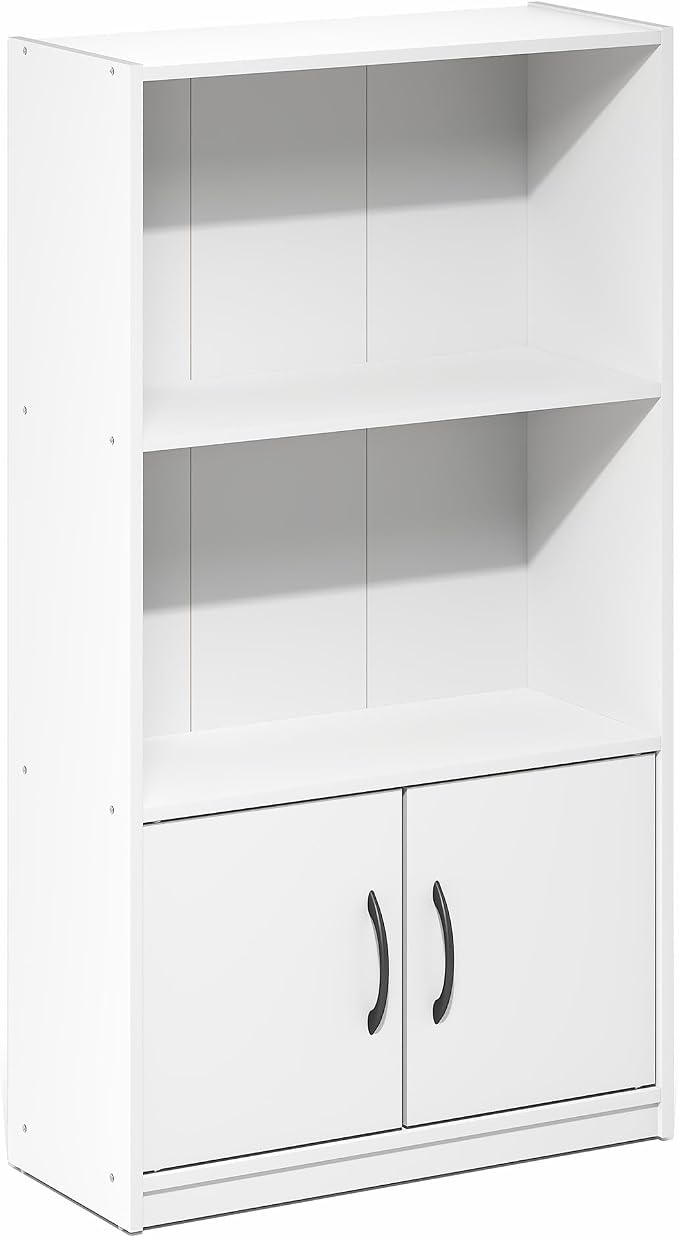 Furinno Gruen Book Shelf, 3-Tier Bookshelf, Bookcase with Open Shelf and 2 Doors Storage Cabinet, 9.3 x 21.8 x 39.5, for Organization and Storage, for Living Room, Bedroom, Home Office, White