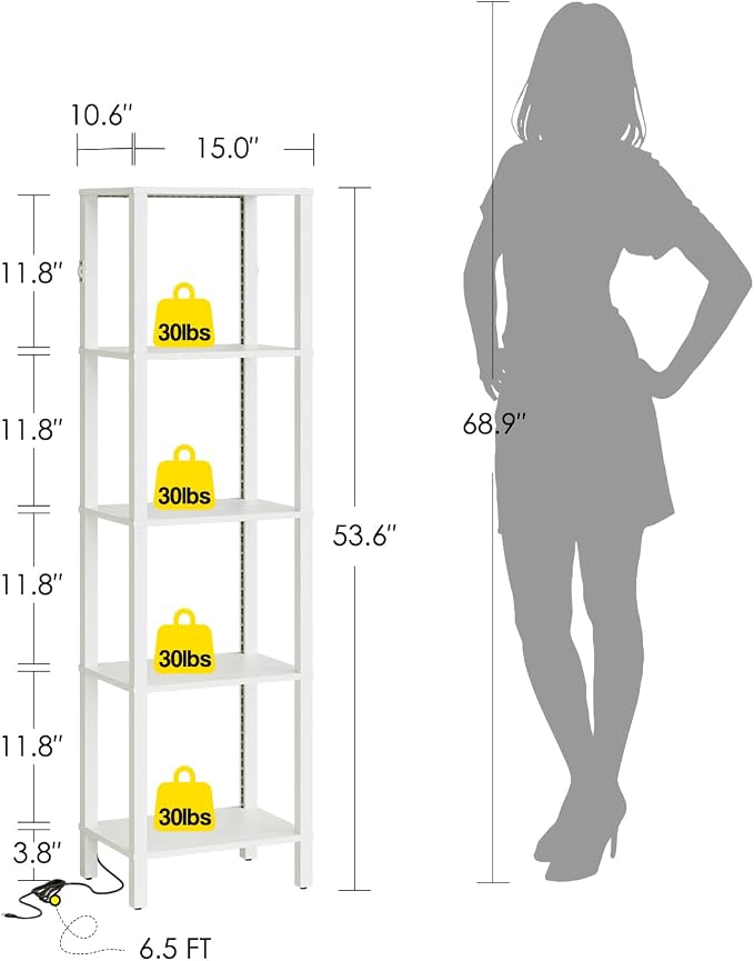 Open Book Shelf with LED Lights, 5 Tier Tall Bookshelf, Freestanding Shelf Narrow Bookcase with Open Shelves, 14.96" x 10.63" x 53.54", Book Shelves for Living Room, Office, Study, White