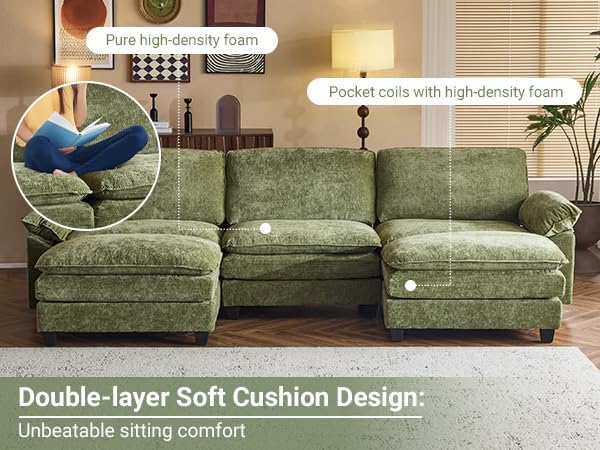 VINGLI 122" Cloud Olive Green Convertible Sectional Sofa, Comfy U-Shape Extra Deep Seat Sofa Couch for Living Room,Modern Chenille 3-Seat Convertible Sofa with 2 Movable Ottomans for Small Space