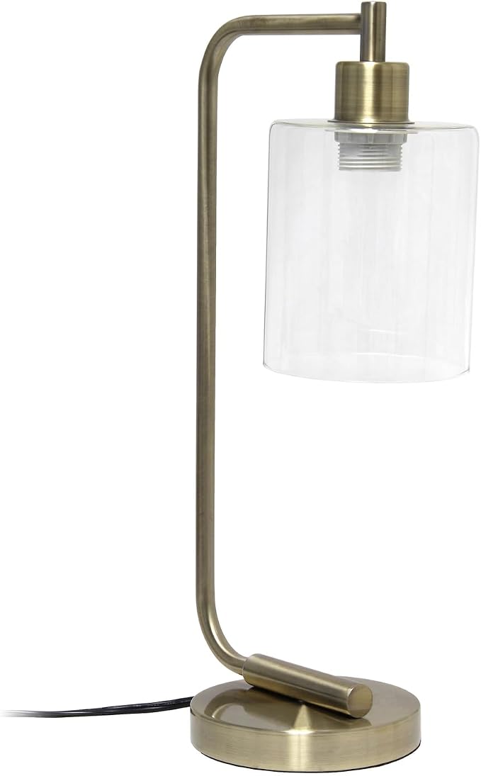Simple Designs LD1036-ABS 18.8" Industrial Vintage Bronson Antique Style Industrial Iron Lantern Desk Table Lamp with Glass Cylinder Shade for Home Décor, Office, Living Room, Bedroom, Antique Brass