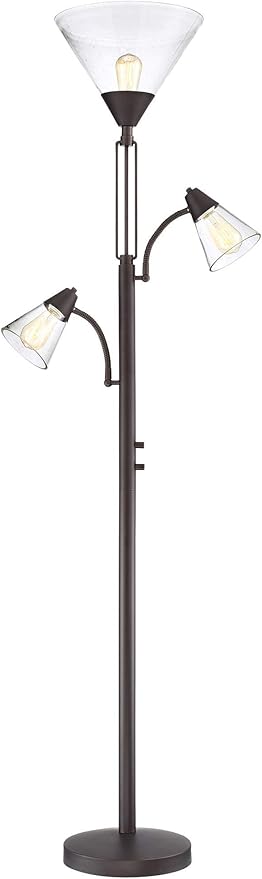 Franklin Iron Works Warwick Industrial Torchiere Tree Floor Lamp LED 3-Light Edison 71.5" Tall Tiger Bronze Metal Clear Seedy Glass Shade for Living Room Reading House Bedroom Home