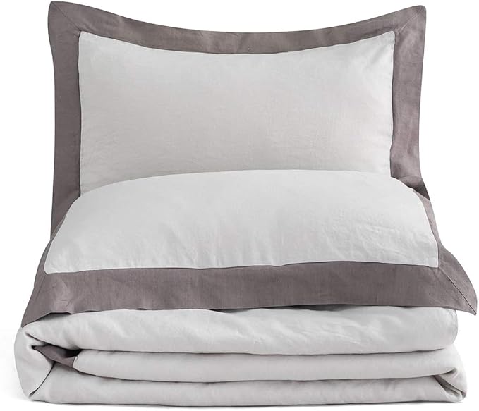 Simple&Opulence 100% Linen Duvet Cover Set with Washed French Flax-King Size(104"x 92")- 3 Pieces (1 Comforter Cover,2 Pillowshams) Basic Border Design Premium Bedding Set Breathable,Grey and Brown