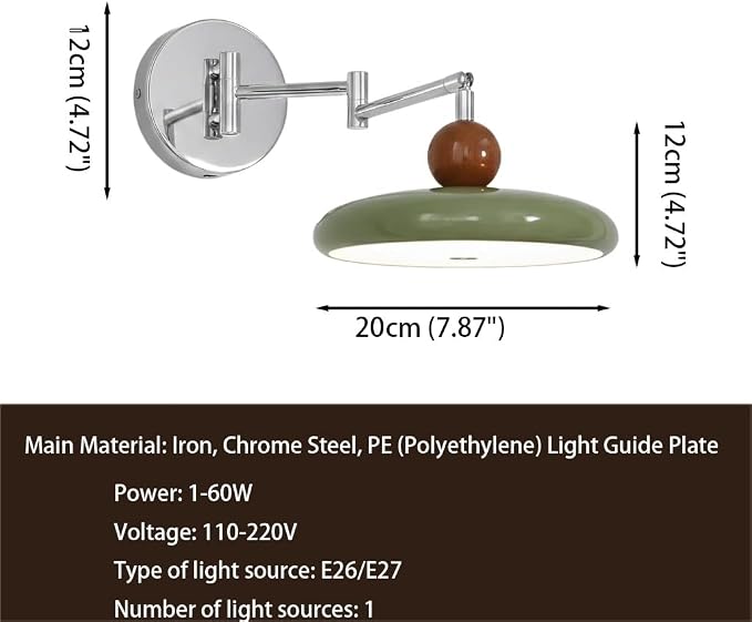 Mid-Century Modern Swing Arm Wall Sconce, Retro Space Age Adjustable Wall Lamp, Double Jointed Task Light for Bedroom Bedside, Reading Nook, Home Office, Study.(Green)