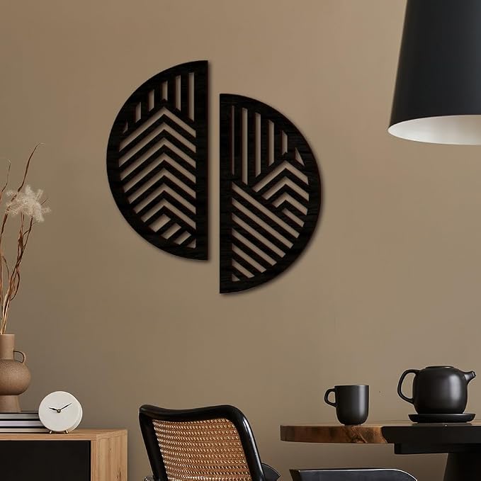 Hollow Round Wood Art Wall Decor, Modern Vintage Wooden Round Wall Sculptures, Half Round Wall Decor Hanging Abstract Panel 3D Geometric Wood Wall Art Decor for Home Office Living Room Bedroom (Black)