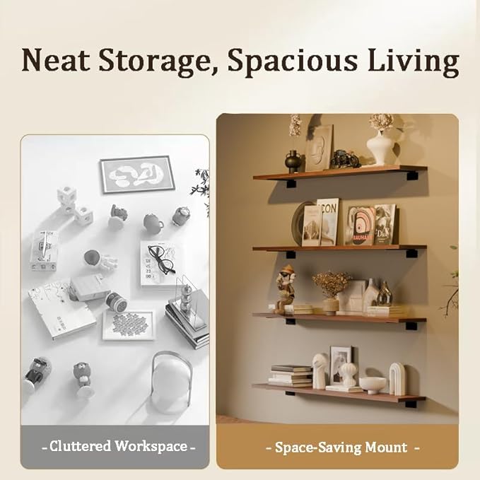 36-Inch Solid Walnut Floating Shelves Set of 4-Rustic Farmhouse Wall Shelves with 100 lb Capacity, Heavy Duty Easy Install for Bathroom, Kitchen, Living Room&Home Decor (Walnut, 4T36IN)