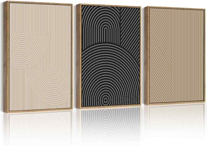 Drsoum Mid-Century Modern Framed Wall Art Minimalist Abstract Boho Neutral Line Wall Decor Geometric Artwork Kitchen Dining Room 12x16in Natural Framed