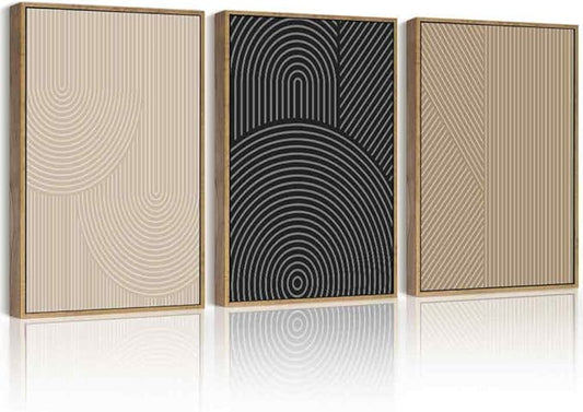 Drsoum Mid-Century Modern Framed Wall Art Minimalist Abstract Boho Neutral Line Wall Decor Geometric Artwork Kitchen Dining Room 12x16in Natural Framed