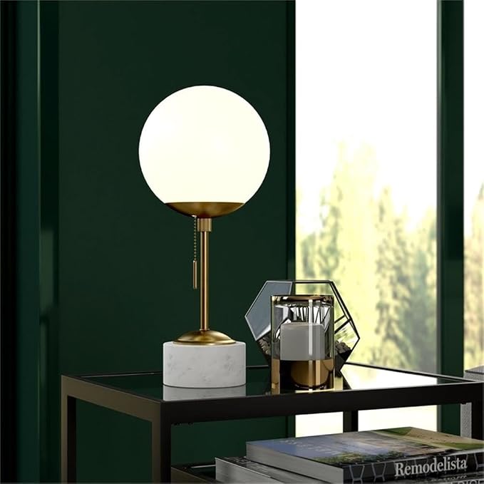 Reagan 17.75" Tall Table Lamp with Glass Shade in Brass/ White Marble/White Milk