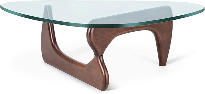 Triangle Glass Coffee Table Modern Coffee Table, with Vintage Clear Glass, and Solid Wood Base, End Table for Living Room, Office, Balcony, Patio (Dark Walnut)