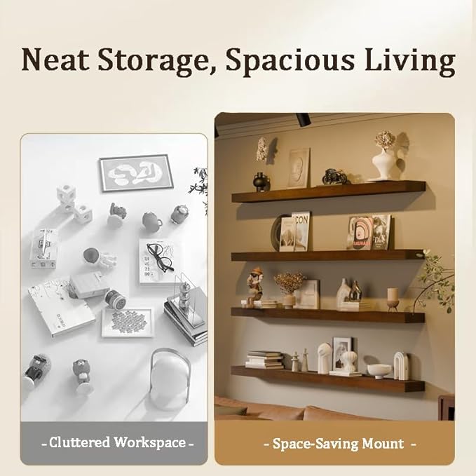 Floating Shelves for Wall, 60 Inch Extra Long Walnut Wall Shelves, Set of 4, Hanging Invisible Brackets Floating Shelves for Living Room,Bedroom,and Kitchen
