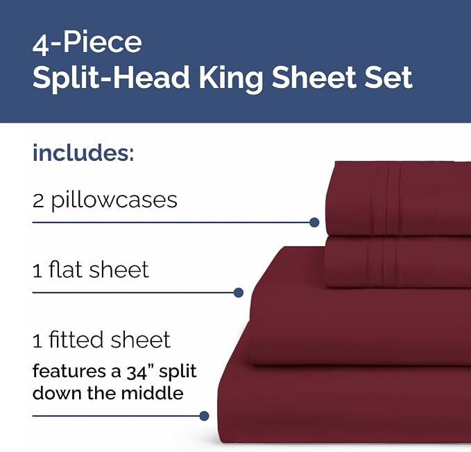 Flex Top Split Head King 4 Piece Sheet Set - Soft, Breathable & Cooling Bed Sheets Set - Hotel Luxury Bedding for Women & Men with Deep Pockets - Wrinkle Free & Fade Resistant - Oeko-Tex - Burgundy
