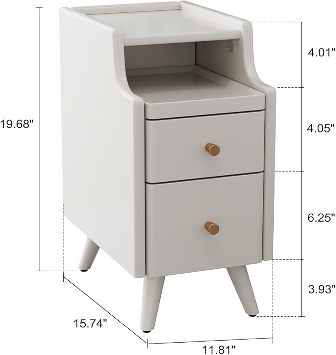 AQIMUELE Small Nightstand with Drawers, Solid Wood Bedside Table, Narrow Walnut Nightstand for Bedroom
