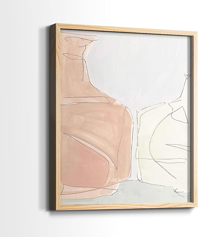 Renditions Gallery Set of 2 Peel & Stick Framed Prints, Neutral Abstract Wall Art, Soft Tones Delicate Linework Wall Decor, Re-Stickable - Ready to Hang - 22"x28" - NATURAL WOOD Frame LT588
