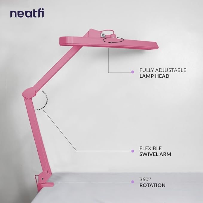 Neatfi Task Lamp – 2,500 Lumens, 30W, 22-Inch Wide Shade, 4 Brightness Levels, Eye-Caring Light, Clamp Mount, LED Task Light for Manicure Table, Crafts, Workbench, Office (Non-CCT, Pink)