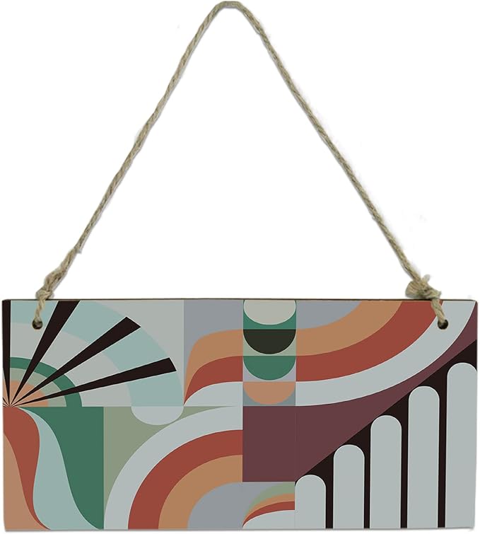 Geometric Abstract Hanging Wood Plaque Sign Wall Decor Welcome Sign, Rertro Middle Century Multi Colored Geometric Wood Frame with Jute Rope Wall Art Decoration for Bedroom Living Room 8"x4"