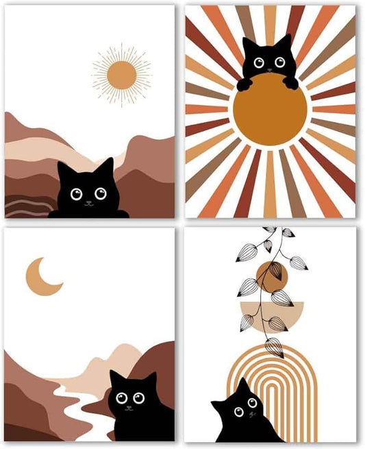 4Pcs Boho Aesthetic Minimalist Black Cat Wall Poster Decor Gifts for Lovely Cat, Farmhouse Geometric Hanging Wooden Wall Art, Mid Century Bohemian Abstract Moon and Sun Wood Sign, 8" X 10"Unframed