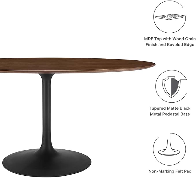 Modway Lippa 60" Oval-Shaped Mid-Century Modern Dining Table with Walnut Top and Black Base