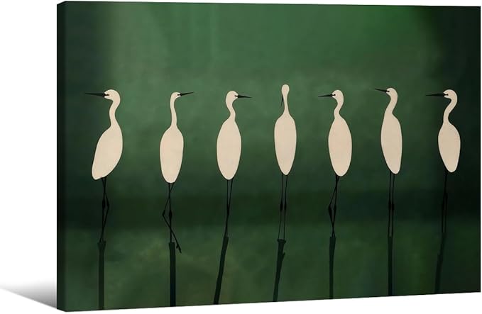 Japanese Cranes Wall Art 16x20 inch Wrapped Framed Retro Bird Animal Canvas Poster Nature Minimalist Green Home Prints for Living Room Bedroom Office Decor