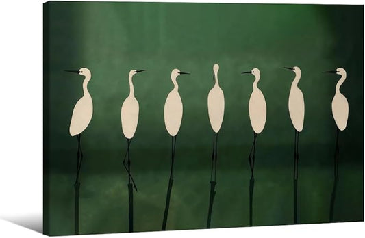 Japanese Cranes Wall Art 12x16 inch Wrapped Framed Retro Bird Animal Canvas Poster Nature Minimalist Green Home Prints for Living Room Bedroom Office Decor