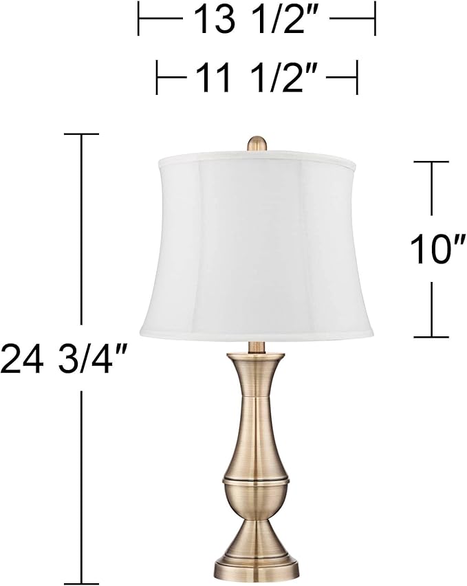Regency Hill Becky Traditional Table Lamps 24 3/4" Tall Set of 2 Antique Brass Gold Metal White Softback Fabric Drum Shade for Bedroom Living Room House Home Bedside Nightstand Office Family