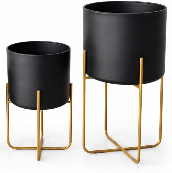 Kirpi Modern Planter Pots, Set of 2 Round Large Black Planters with Gold Stand, Decorative Floor Planters, Metal Pots with Drainage Holes for Living Room, Office, Garden, 9 and 11 Inch Diameter