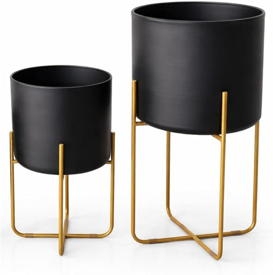 Kirpi Modern Planter Pots, Set of 2 Round Large Black Planters with Gold Stand, Decorative Floor Planters, Metal Pots with Drainage Holes for Living Room, Office, Garden, 9 and 11 Inch Diameter