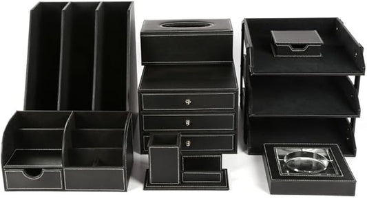 KINGFOM Pu Leather Desk Organizers and Accessories, 8 PCS/SET Office Supplies Organization with Magazine Files Holder, Stackable Paper Tray, Desktop Organizers with Drawer for Home Office School Black