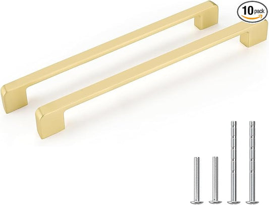 10 Pack 10-1/16 Inch Brushed Gold Cabinet Pulls Solid Zinc Alloy Gold Cabinet Handles - Brushed Brass Dresser Drawer Pulls for Kitchen Cabinet Hardware Zinc Alloy Handles