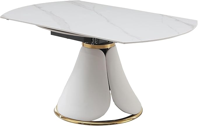 59'' Round Marble Dining Table Set for 6-8, Multi-Functional Retractable Kitchen Table, Dining Room Table Set Petal Pu Leather & Metal Base (1 Table and 6 Blue Chairs)