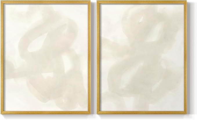 Renditions Gallery Set of 2 Peel & Stick Framed Prints, Abstract Wall Art, Beige and White Aesthetic Wall Decor, Re-Stickable - Ready to Hang - 8"x10" - GOLD Frame LT588