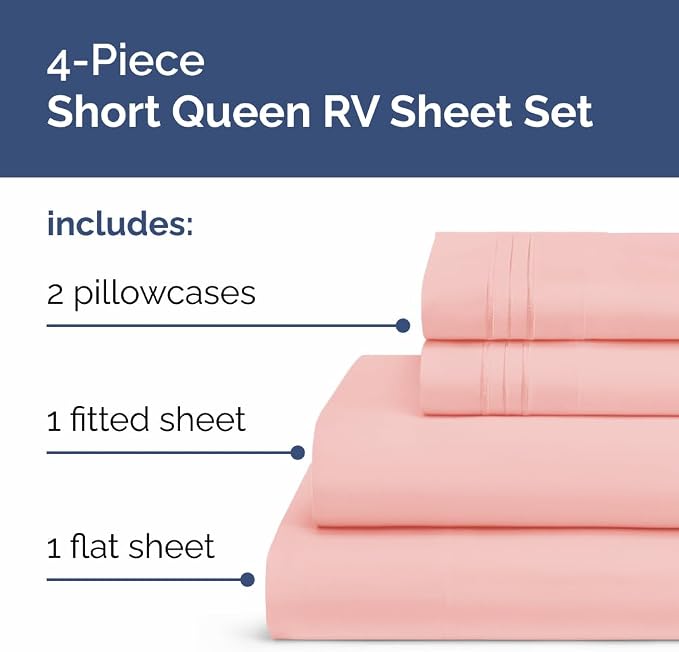 Short Queen Size 4 Piece Sheet Set - RV Short Queen, Soft, Breathable & Cooling Bed Sheets Set with Deep Pockets - Hotel Luxury Bedding for Women & Men - Wrinkle Free and Fade Resistant - Baby Pink