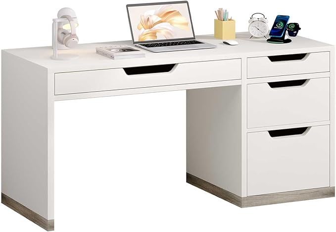MaverickFurni 52 Inch White Desk with 4 Drawers, Computer Desk with Storage for Small Spaces with Storage File Drawer, Small Home Office Desk with Drawers for Bedroom