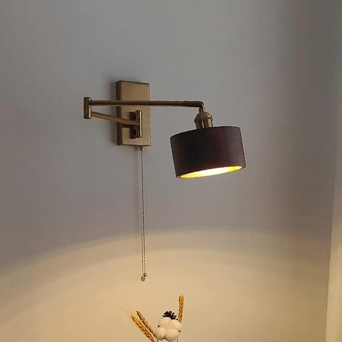 Retro Swing Arm Wall Lamp with Pull-Down Switch, Wooden Cylindrical Shade, Adjustable Lighting for Living Room, Bedroom, Study