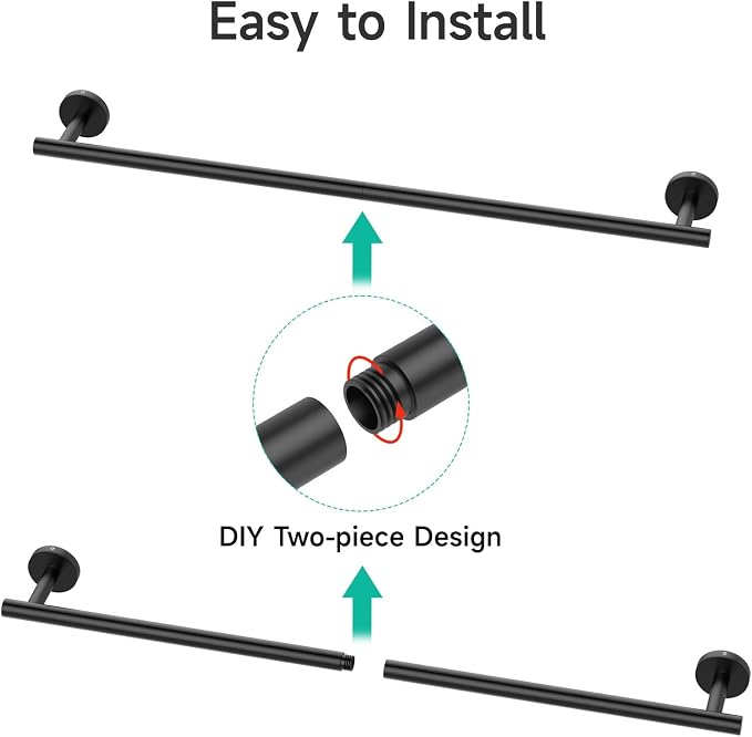 USHOWER Matte Black Towel Bar, 24-Inch Towel Rack for Bathroom Wall Mounted, Thicken SUS304 Stainless Steel Towel Rod Modern Home Decor (Total Length 26-Inch) (Pack of 2)