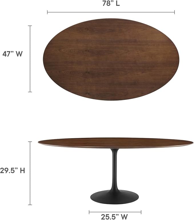 Modway Lippa 78" Oval-Shaped Mid-Century Modern Dining Table with Walnut Top and Black Base