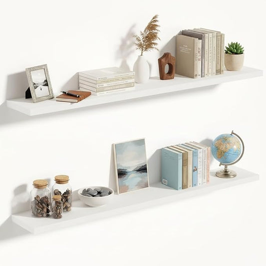 Vivelove 10 in Deep Floating Shelves for Wall, 55" x 10.2" x 1.5" Shelves for Room Wall Mounted, 1.5 Inch Thick Shelf for Bathroom Bedroom Kitchen Book Room, Modern Farmhouse Decor, Set of 2, White