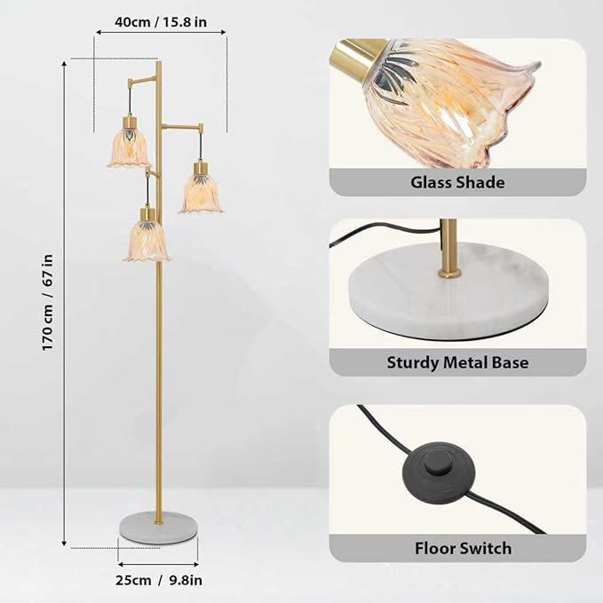 Mid-Century Modern Floor Lamp with Gold Flower Glass Shade - Vintage Brass Tree Standing Light for Living Room, Bedroom, Reading Book - Farmhouse, Bohemian, Boho Chic Home Decor