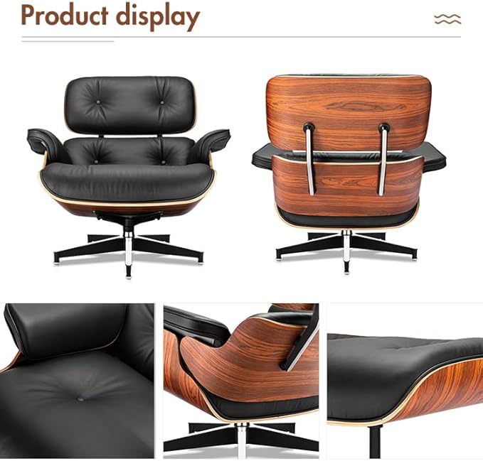 TigerParty Mid Century Chaise Lounge Chair with Ottoman, Top Black Grain Leather, Modern Office Chair Classic Design, Heavy Duty Base Support for Living Room Lounge Office