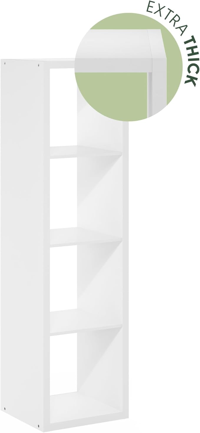 Furinno Cubicle Book Shelf, Vertical 4-Cube Bookshelf, Extra Thick Frame Horizontally & Vertically Reversible Bookcase with Open Back, 14.6" x 16" x 58", for Living Room, Bedroom, Home Office, White