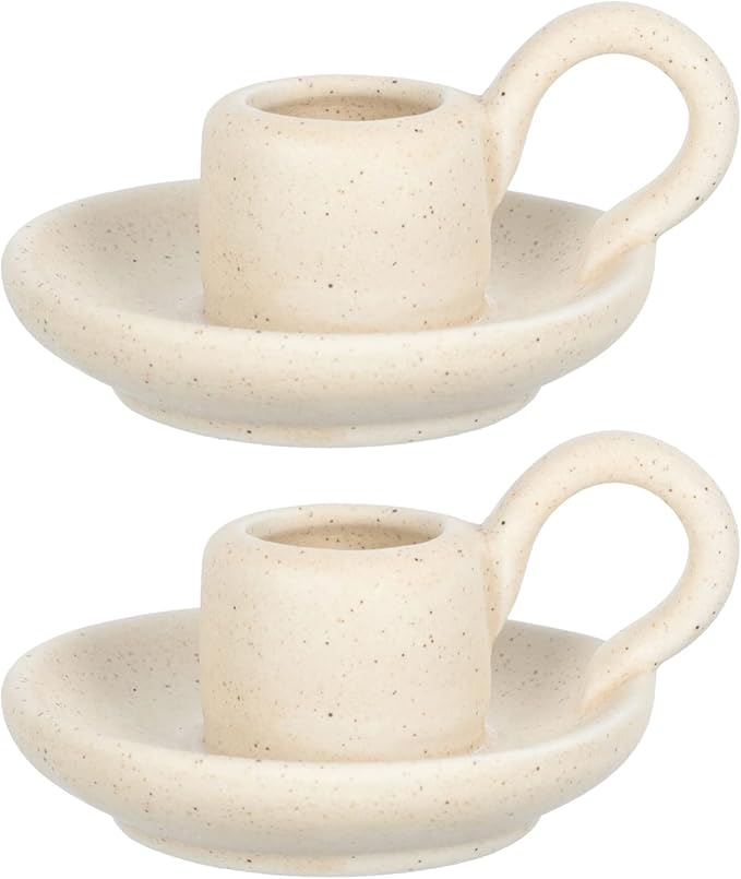DOITOOL 2Pcs Ceramic Candle Holder Candlestick Holder with Handle, Taper Candle Stand Candlelight Stand Holder Decorative Candle Display Holder for Desktop Dining Room Home Decoration Display (Beige)