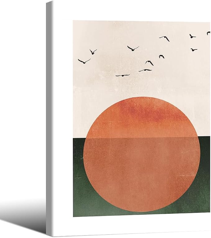 Wrapped Framed Japanese Minimalist Sunset With Bird Wall Art Nature Geometric Abstract Poster Modern Mid Century Eclectic Canvas Prints for Living Room Gallery Home Decor 16x20 inch