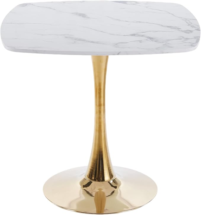 31.5" Square Dining Table for 2-4, White Marble-Look MDF Top with Gold Tulip Pedestal Base, Mid-Century Modern Kitchen Table for Apartment, Breakfast Nook, Café and Bistro