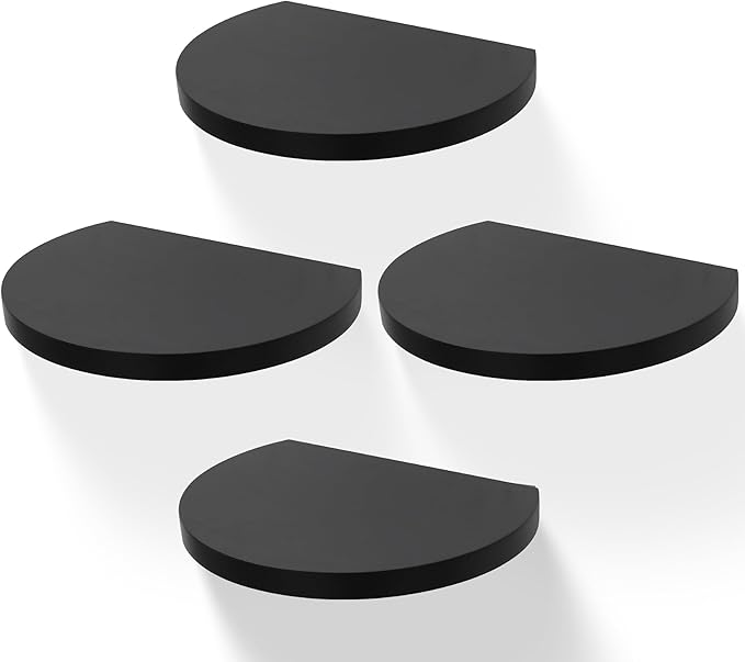 Small Wood Floating Shelves (4-Pack, 8-inch Diameter) - Round Sturdy Invisible Wall Mount Display for Small Plants,Toys,Bathroom,Living Room Storage & Modern Rustic Décor (Black)