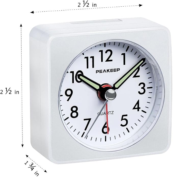 Peakeep Ultra Small, Battery Travel Alarm Clock with Snooze and Light, Silent with No Ticking Analog Quartz (White)