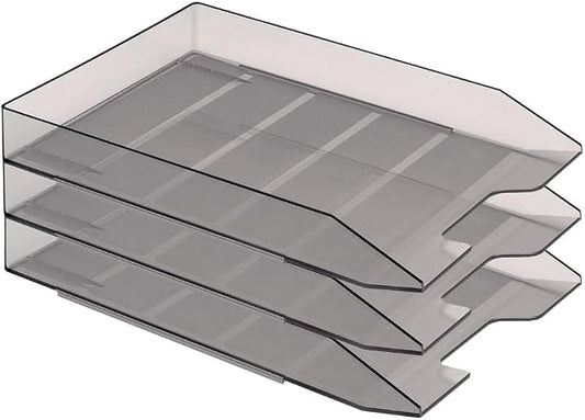 Acrimet 3 Tier Paper Organizer Letter Tray - Plastic Stackable Desk File Organizer, Front Load Paper Sorter Organizer for Letter/A4 Office File Folder Holder - Clear Gray