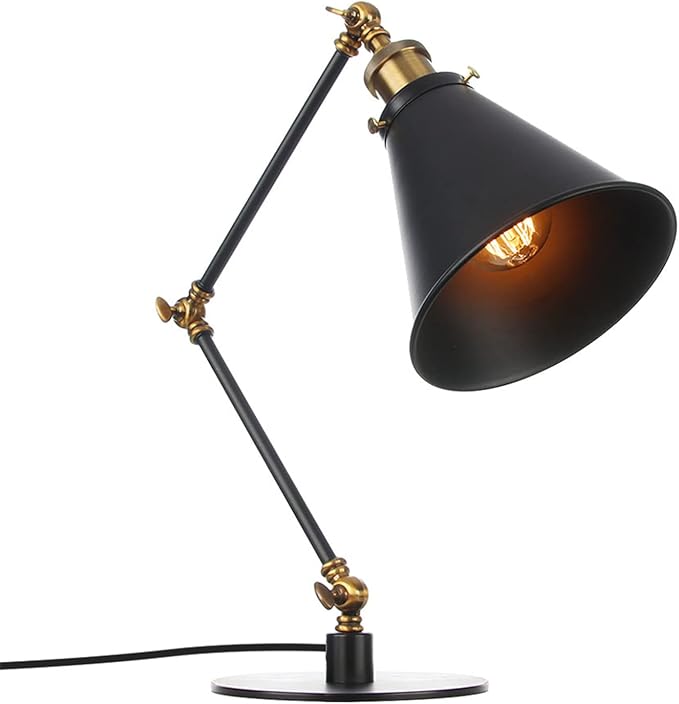 Makeup Vintage Desk Lamp, Industrial Metal Task Table Lamp with Adjustable Swing Arm, Bedroom Bedside Night Light Cafe Antique Reading Lighting,Black+Gold