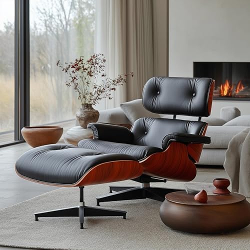 Top Black Grain Leather, Mid Century Chaise Lounge Chair and Ottoman, Modern Chair Classic Design, Red Rosewood, Heavy Duty Base Support for Living Room Office