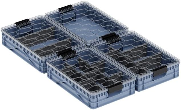 SIDIO Quarter Crate 4 Pack of Stackable Storage Bins - Organizer Bins with Dividers for Garage Organization, Home Storage - Heavy Duty Plastic Containers - 19.16” x 12.75”x 4.57” (Navy Gray)